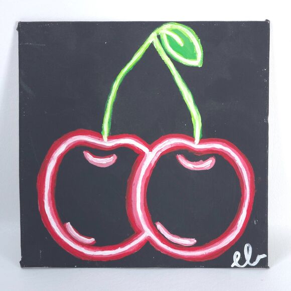 Oil on Canvas Hand Painted Neon Cherries 8" x 8" Abstract Simplicity 1st Release - Picture 1 of 7